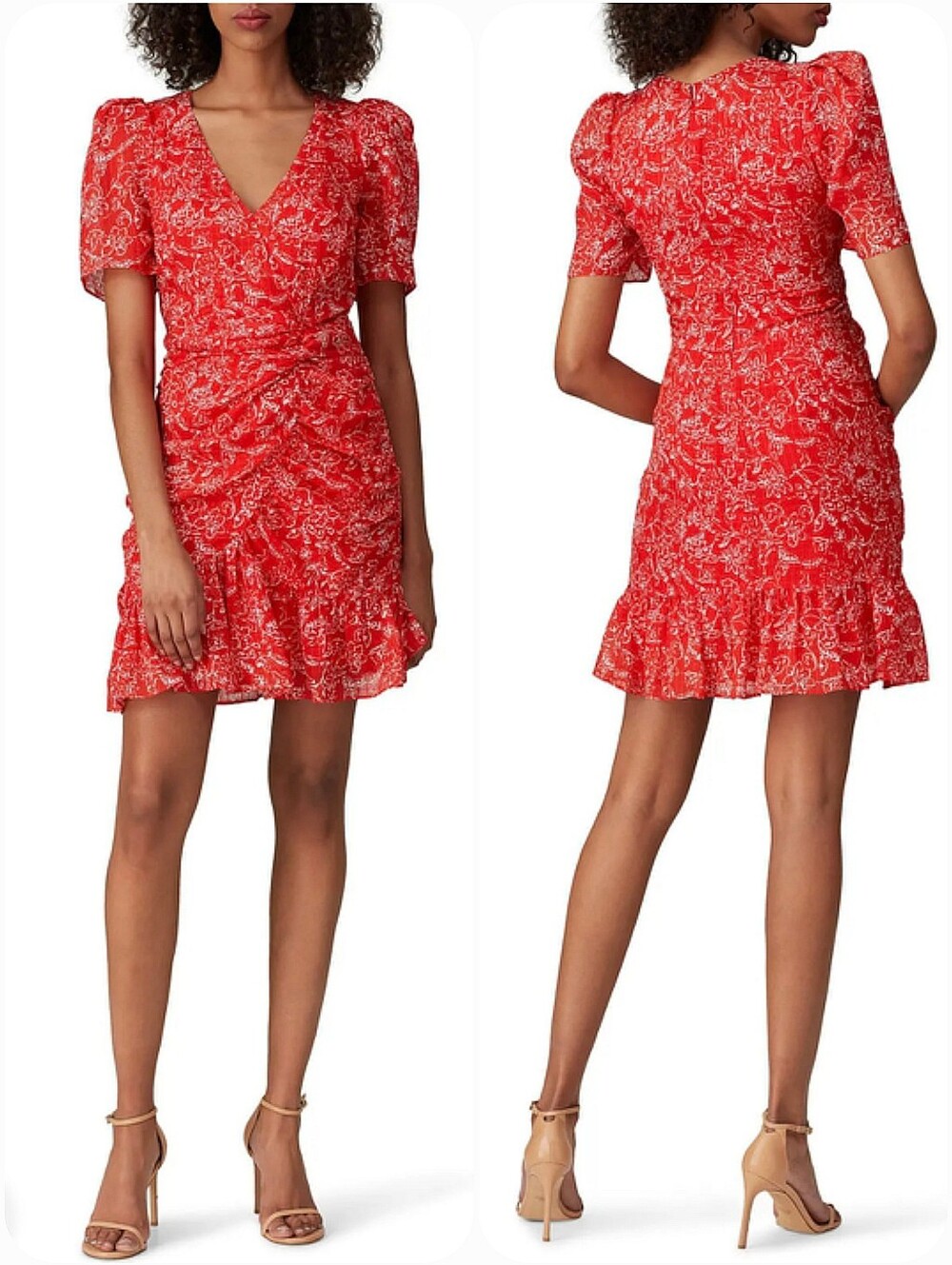 Parker Krislyn Red Floral Silk Ruched Mini Dress 4 Puff Sleeve Cocktail party